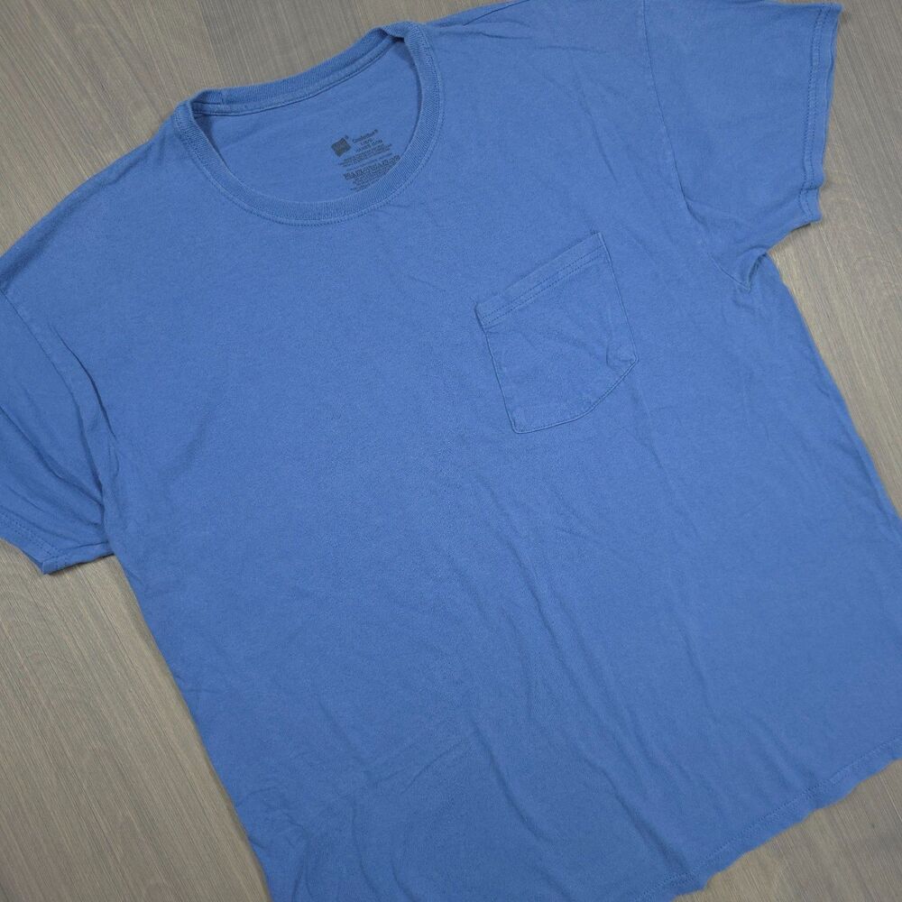 Hanes Originals Blue Pocket T-Shirt Size Large 100% Cotton Crewneck Tee